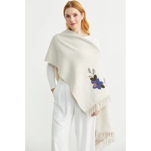 Düz Renk Nakışlı Triko Atkı - Açık Bej