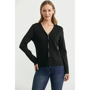 Düğme Kapamalı V Yaka Triko Hırka - Siyah