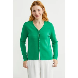 Düğme Kapamalı V Yaka Triko Hırka - Yeşil