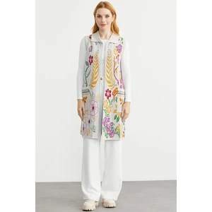 Renkli Çiçek Motifli Yünlü Uzun Triko Yelek - Bej