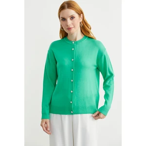 Düğme Detaylı Sıfır Yaka Triko Hırka - Yeşil