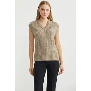 Yünlü V Yaka Triko Süveter - Koyu Bej