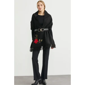 Düz Renk Nakışlı Triko Atkı - Siyah