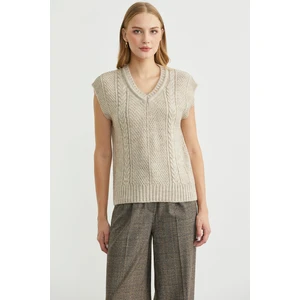 Yünlü V Yaka Triko Süveter - Bej