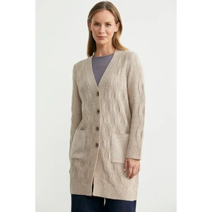 Cepli Uzun Yünlü Triko Hırka - Vizon