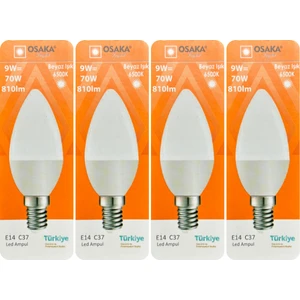 (4 adet) Osaka 9W (70W) Beyaz Işık (6500K) E14 Duylu (Ince Duy) LED Mum Ampul