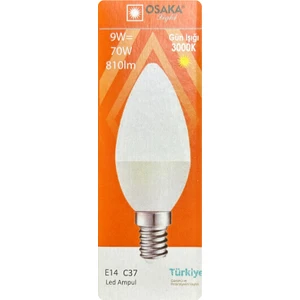 (1 adet) Osaka 9W (70W) Sarı Işık (3000K) E14 Duylu (Ince Duy) LED Mum Ampul