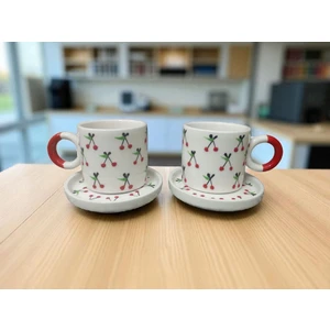 El Yapımı Kiraz Desenli Renkli Kulplu Double Kahve Fincanı 2'li Takım