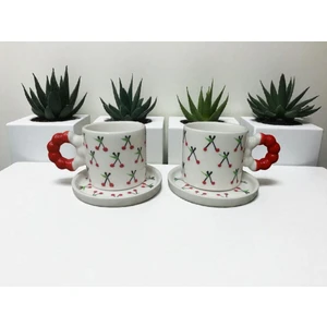 El Yapımı Kiraz Desenli Renkli Kulplu Double Kahve Fincanı 2'li Takım