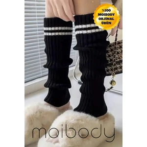 Original Premium Tozluk %100 Akrilik Triko Örgü Leg Warmer Ayak Isıtıcı Çizgili Siyah