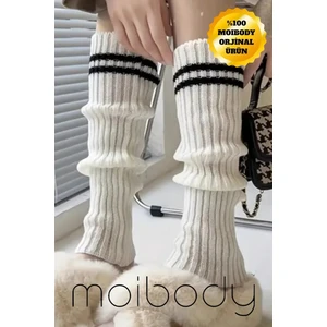 Original Premium Tozluk %100 Akrilik Triko Örgü Leg Warmer Ayak Isıtıcı Beyaz Çizgili