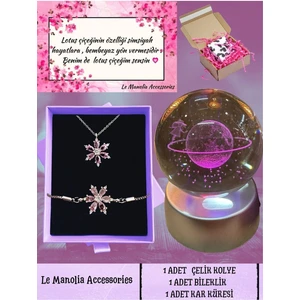 Zirkon Taş Çelik Lotus Kolye Bileklik  Seti ve Renk Değiştiren 3D Satürn Kız Kar Küresi Sevgililer