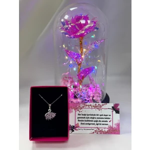 Solmayan Sonsuzluk Gülü ve Kararmaz Çelik Pembe Kuğu Kolye Sevgiliye Hediyelik Set Hediye Sepeti