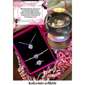 3D  Satürn Gezegen Küre ve Çelik Pembe Kalp Kolye Bileklik Yüzük Seti Hediyelik Set