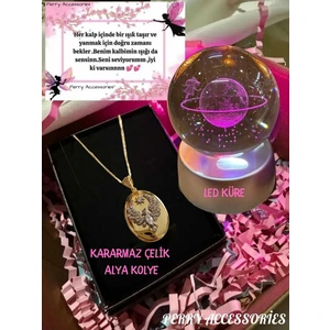 Kararmaz Çelik Alya Anka Kuşu Kolye ( Foto Koyulabilir)Ve LED Işıklı Satürn Kar Küresi Seti