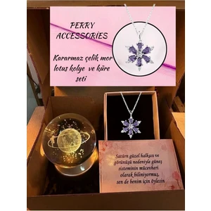 Kararmaz Mor Çelik Lotus Kolye ve 3D Satürn Kız Kar Küresi Renk Değiştiren Küre Hediyelik