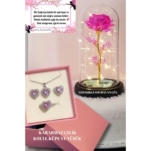 LED Işıklı Solmayan Sonsuzluk Gülü ve Pembe Taş Kararmaz Çelik Kolye Yüzük Küpe Seti