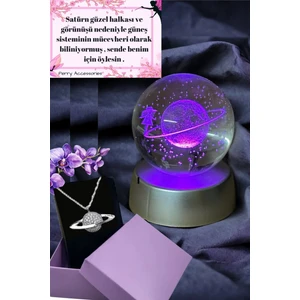 Çelik Satürn Kolye ve 3D Satürn Kız Renk Değiştiren Kar Küresi Yıldönümü Doğum Günü Özel Hediye