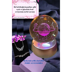 3D Satürn Kız Renk Değiştiren Küre ve Çelik Kelebek Kolye ve Bileklik Seti Sevgili Günü Yıldönümü