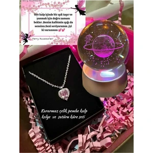 Kararmaz Çelik Pembe Kalp Kolye ve 3D Satürn Kız Kar Küresi Hediye Seti (Süslenerek Gönderilmekte)
