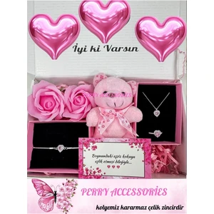 Kararmaz Çelik Pembe Kalp Kolye Bileklik Yüzük Seti ,ayıcık ve Kokulu Gül Sevgiliye Hediye Seti