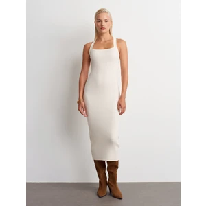 90253 Halter Yaka Fitilli Triko Elbise-Ekru