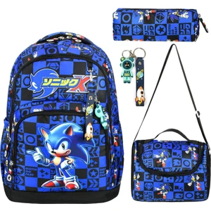 Sonic 2 Mavi Üçlü Erkek Çocuk Ilkokul Okul Çantası Seti (Çanta Termal Beslenme Çantası Kalemlik)