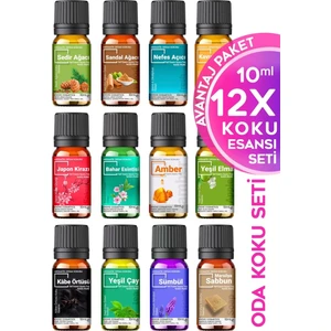 Miss'ev 12'li Set Saf Esansiyel Yağ, Oda Kokusu Avantajlı Paket. Esansiyel Difüzör Buhardan Koku Özü