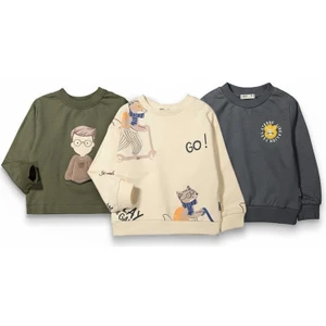 Erkek Çocuk Pamuklu 3'lü Sweatshirt Seti - Hayvan ve Karakter Baskılı