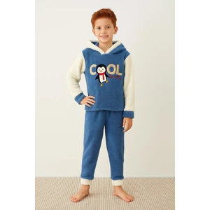 Erkek Çocuk Polar Penguen Nakışlı Kapüşonlu Kışlık Pijama Takımı - Mavi 43316