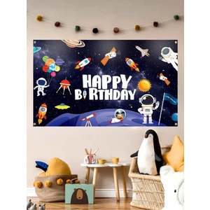 Uzay Temalı Özel Doğum Günü Afişi Arka Fonu 60X100 Vinil -Branda -Pankart Doğum Günü Parti Seti Süsü