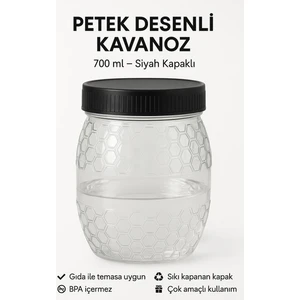 Petek Desenli Kavanoz 700 ml – Siyah Kapaklı Bal, Reçel ve Baharat Saklama Kabı Plastik 1 Adet