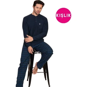 Erkek 3 Düğme Uzun Kol Göğüs Cepli Selanik Kumaş Kışlık Kalın Cepli Pijama Takımı