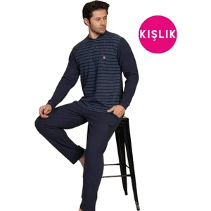 Erkek 3 Düğme Uzun Kol Göğüs Cepli Selanik Kumaş Kışlık Kalın Cepli Pijama Takımı