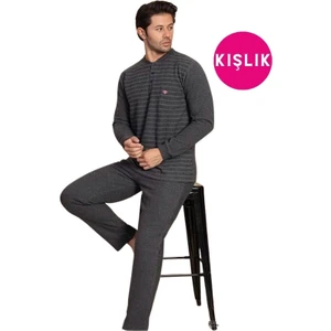 Erkek 3 Düğme Uzun Kol Göğüs Cepli Selanik Kumaş Kışlık Kalın Cepli Pijama Takımı