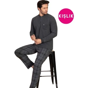 Erkek 3 Düğme Uzun Kol Göğüs Cepli Selanik Kumaş Kışlık Kalın Cepli Pijama Takımı