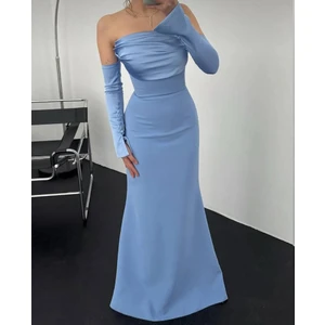 Kadın Yakası Saten Drape Detaylı Saten Düğmeli Kollu Balık Kesim Düğün Davet Mezuniyet Elbisesi