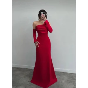 Kadın Yakası Saten Drape Detaylı Saten Düğmeli Kollu Balık Kesim Düğün Davet Mezuniyet Elbisesi