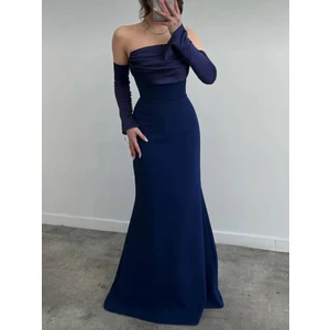 Kadın Yakası Saten Drape Detaylı Saten Düğmeli Kollu Balık Kesim Düğün Davet Mezuniyet Elbisesi