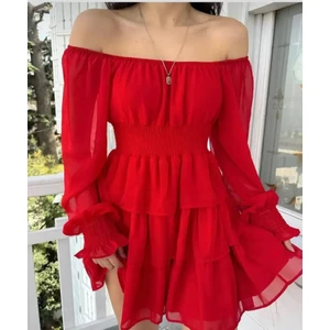 Kadın Şifon Kumaş Düşük Omuz Beli Gipeli Mini Eteği Kat Kat Mezuniyet Elbisesi