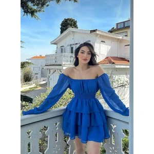 Kadın Şifon Kumaş Düşük Omuz Beli Gipeli Mini Eteği Kat Kat Mezuniyet Elbisesi