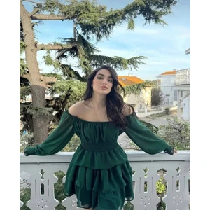 Kadın Şifon Kumaş Düşük Omuz Beli Gipeli Mini Eteği Kat Kat Mezuniyet Elbisesi