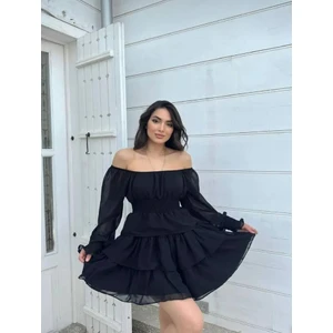 Kadın Şifon Kumaş Düşük Omuz Beli Gipeli Mini Eteği Kat Kat Mezuniyet Elbisesi