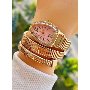 WL00102Y Altın Renk Pembe Kadran Yılan Model Kadın Kol Saati
