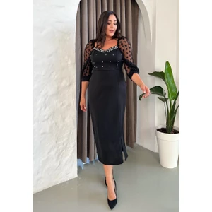 Butik Nilyam Kadın Büyük Beden Kalp Yaka Inci Detaylı Puantiyeli Tül Kol Yırtmaçlı Abiye Elbise 24123 Siyah