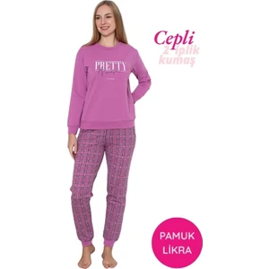 Kadın Bisiklet Yaka Bilek Manşet/lastikli 2 Iplik Pamuk Cepli Kışlık Jogger Eşofman Pijama Takımı