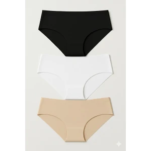 Kadın Cotton Micro Lazer Kesim Dikişsiz Slip 3’lü Set Külot Pamuklu (Siyah – Ten – Bej)