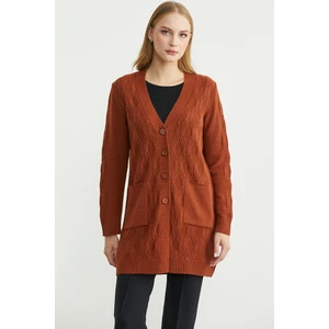 Cepli Uzun Yünlü Triko Hırka - Kiremit