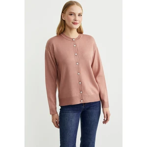 Düğme Detaylı Sıfır Yaka Triko Hırka - Koyu Gül