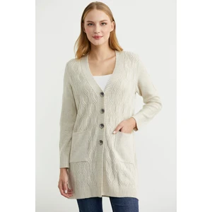 Cepli Uzun Yünlü Triko Hırka - Taş